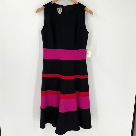 Anne Klein Swing Skirt Fit & Flare Sleeveless Dress Black Color Block Women 4 - Picture 1 of 7